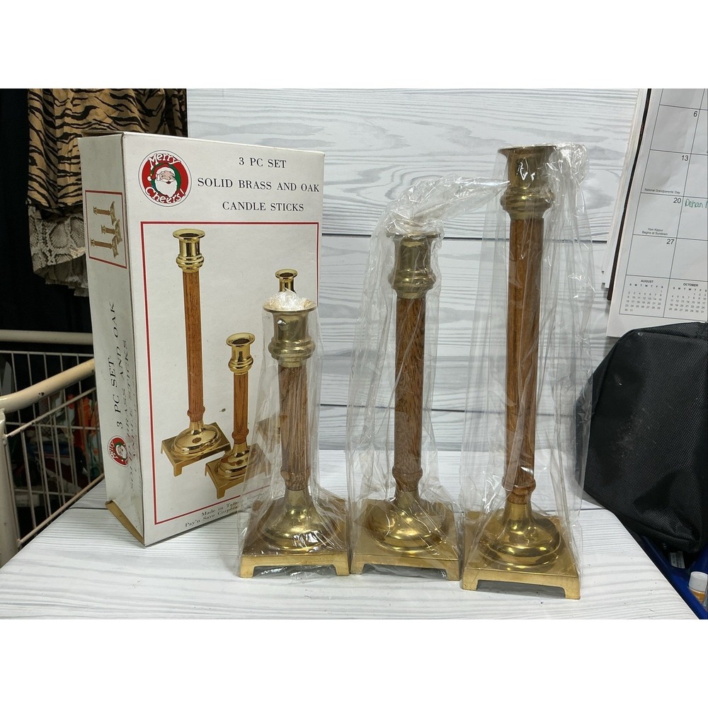 Merry Cheers Candlestick Set Solid Brass Oak 3 Piece Vintage